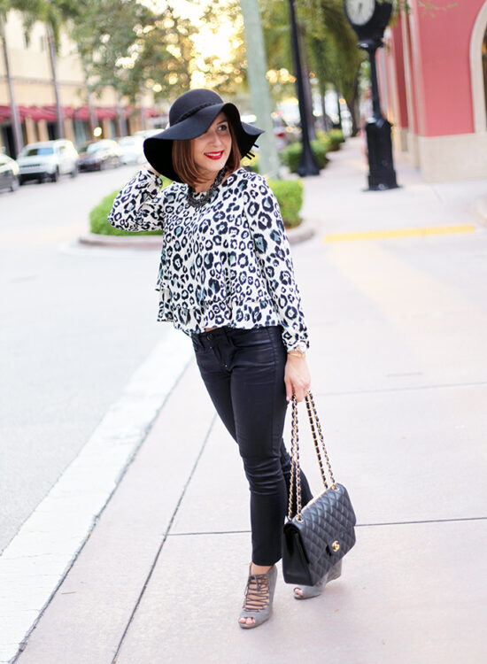 lame it on Mei Miami Fashion Blogger Fall 2015 Leopard Blouse Chanel Classic Suade Sandals Cartier Ballon Bleu Henri Bendel Floppy Black Hat