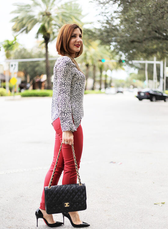 Blame it on Mei Miami Fashion Blogger Fall Animal Print Blouse Chanel Classic Black Red Pants Montblanc Baublebar Henri Bendel Louboutin Black Pumps