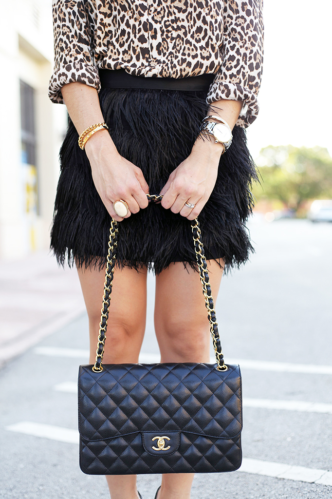 Blame it on Mei Miami Fashion Blogger Fall 2015 Zara Leapord Blouse Feather Mini Skirt Chanel Classic Tiffany T Bracelet Cartier Ballon Bleu Louboutin Black Pumps