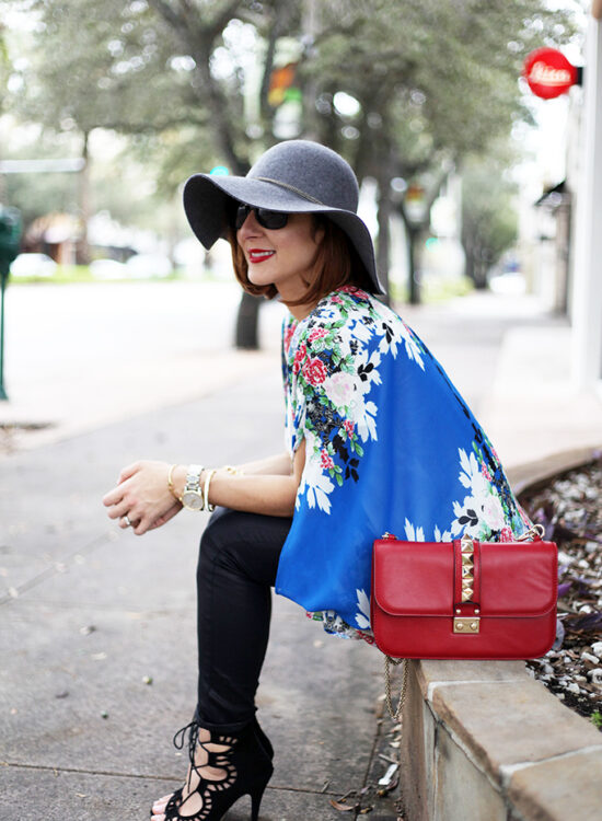 Blame it on Mei Miami Fashion Blogger Fall 2015 Blue Flower Kimono Henri Bendel Dainty necklace Coated Jeans Gray Floppy Hat Rolex Daytona Bvlgari Sunglasses Suede Lace up Sandals