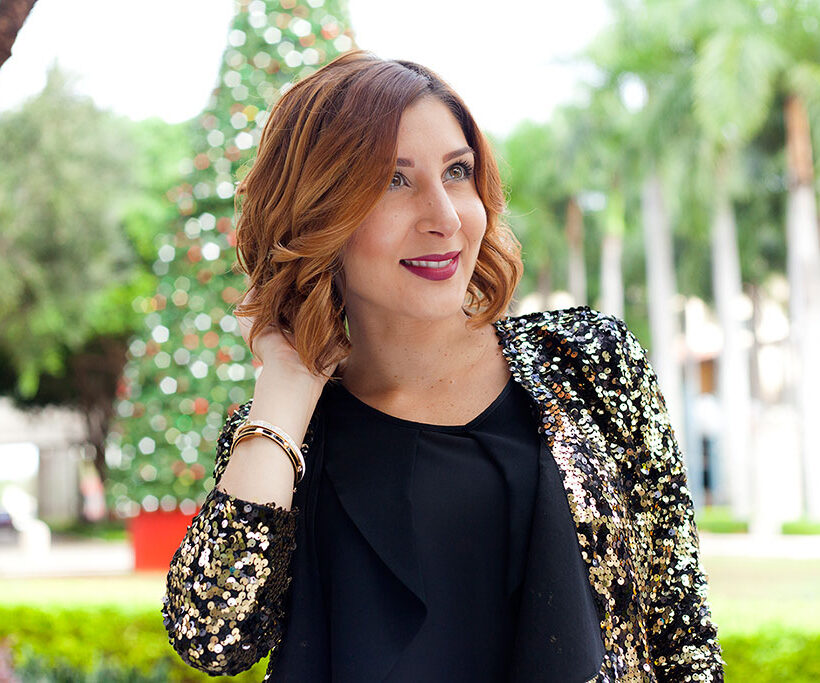 Blame it on Mei Miami Fashion Blogger Holiday Look 2015 Sequin Jacket Blazer Pleather Legging Chanel Classic Handbag Rolex Daytona Short Hair Natural Waves Louboutin Iriza Pumps