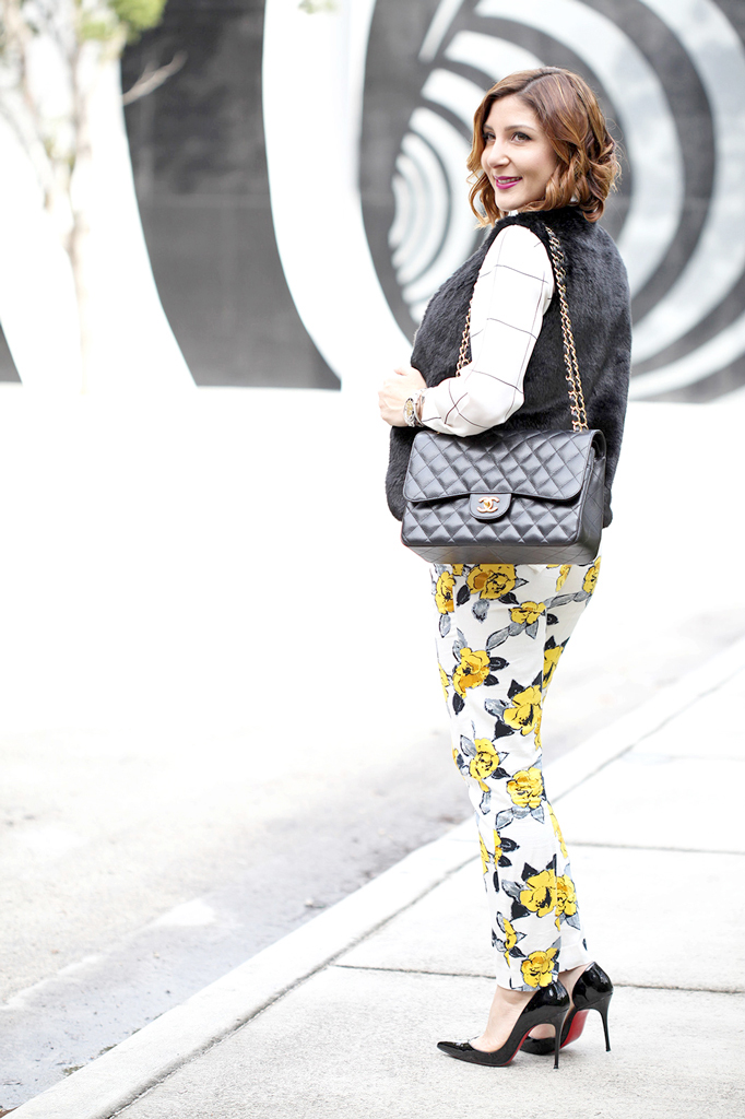 1-13-16-Blame-it-on-Mei-Fashion-Blogger-2016-Fur-Vest-Grid-Print-Blouse-Floral-Pants-How-To-Mix-Patterns-Rolex-Submariner-Chanel-Classic-Louboutin-Iriza-Pumps-Soft-Waves