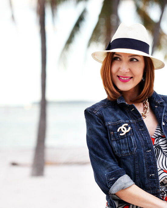 Blame-it-on-Mei-Miami-Fashion-Blogger-2016-Spring-Outfit-Chanel-Classic-Flap-Brooch-Denim-Jacket-Palm-Tree-Jumpsuit-Panama-Hat-Bow-Wedges