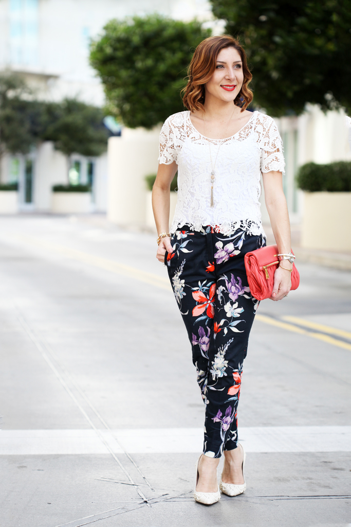 3-7-16-Blame-it-on-Mei-Miami-Fashion-Blogger-2016-Spring-Outfit-Floral-Trouser-Pants-Crochet-Lace-Top-Coral-Miu-Miu-Clutch-Cream-White-Pumps-Short-Hair-Soft-Waves