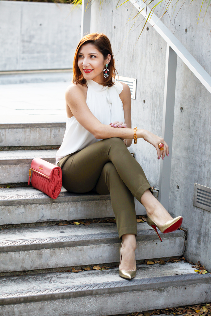 Blame-it-on-Mei-Miami-Fashion-Blogger-2016-Spring-Outfit-Idea-Olive-Green-Trouser-Pants-Bow-Neck-Blouse-Coral-Miu-Miu-Clutch-Metalic-Gold-Louboutin-Pumps-YSL-Arty-Ring