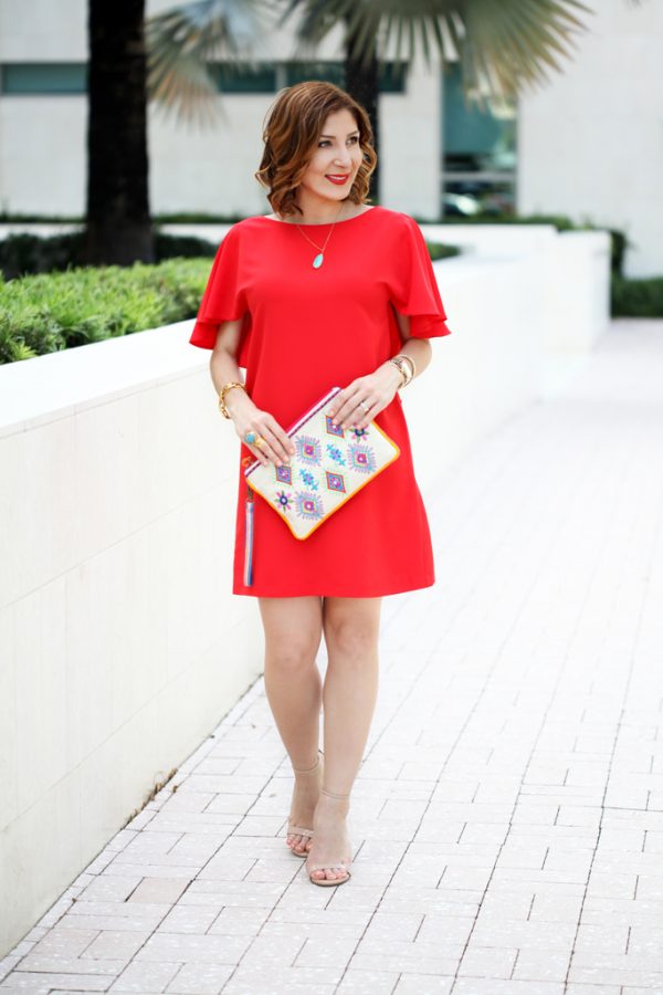 Blame-it-on-Mei-Miami-Fashion-Blogger-2016-Spring-Outfit-Idea-Look-Open-Back-Red-Dress-Ruffles-Frills-Embroidered-Canvas-Clutch-Rocksbox-Turquoise-Pendant-Necklace-YSL-Turquoise-Arty-Ring