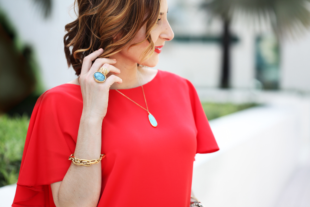 Blame-it-on-Mei-Miami-Fashion-Blogger-2016-Spring-Outfit-Idea-Look-Open-Back-Red-Dress-Ruffles-Frills-Embroidered-Canvas-Clutch-Rocksbox-Turquoise-Pendant-Necklace-YSL-Turquoise-Arty-Ring