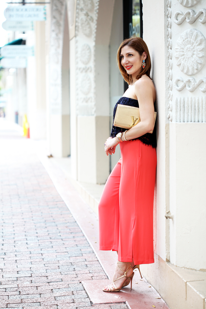 Blame-it-on-Mei-Miami-Fashion-Blogger-2016-Spring-Outfit-Idea-Look-How-To-Culottes-With-Slit-Lace-Strapless-Top-LV-Metallic-Clutch-Louboutin-Gold-Sandals-YSL-Turquoise-Arty-Ring