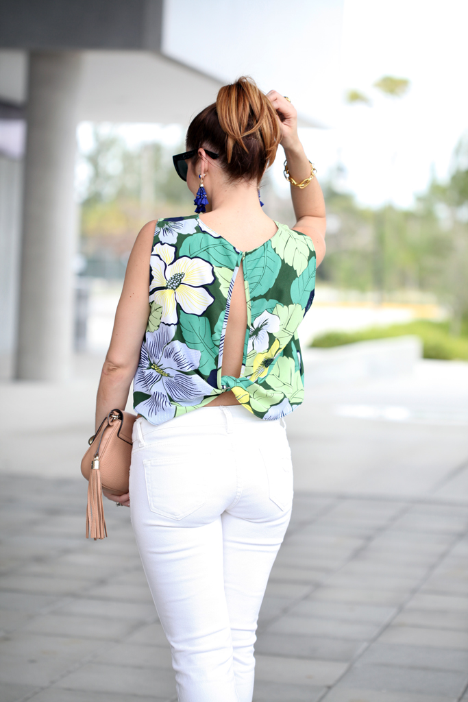 Blame-it-on-Mei-Miami-Fashion-Blogger-2016-Spring-Casual-Outfit-Idea-Brunch-Look-Inspiration-Bright-Floral-Crop-Top-Open-Back-White-Denim-Gucci-Soho-Crossbody-Baublebar-Tassel-Earings