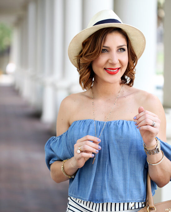 Blame-it-on-Mei-Miami-Fashion-Blogger-2016-Spring-Outfit-Look-Chambray-Off-The-Shoulder-Top-Stripe-Shorts-Panama-Hat-Calvin-Klein-Nola-Mules-Hermes-Scarf-On-Prada-Handbag-Y-Necklace-MAC-So-Chaud