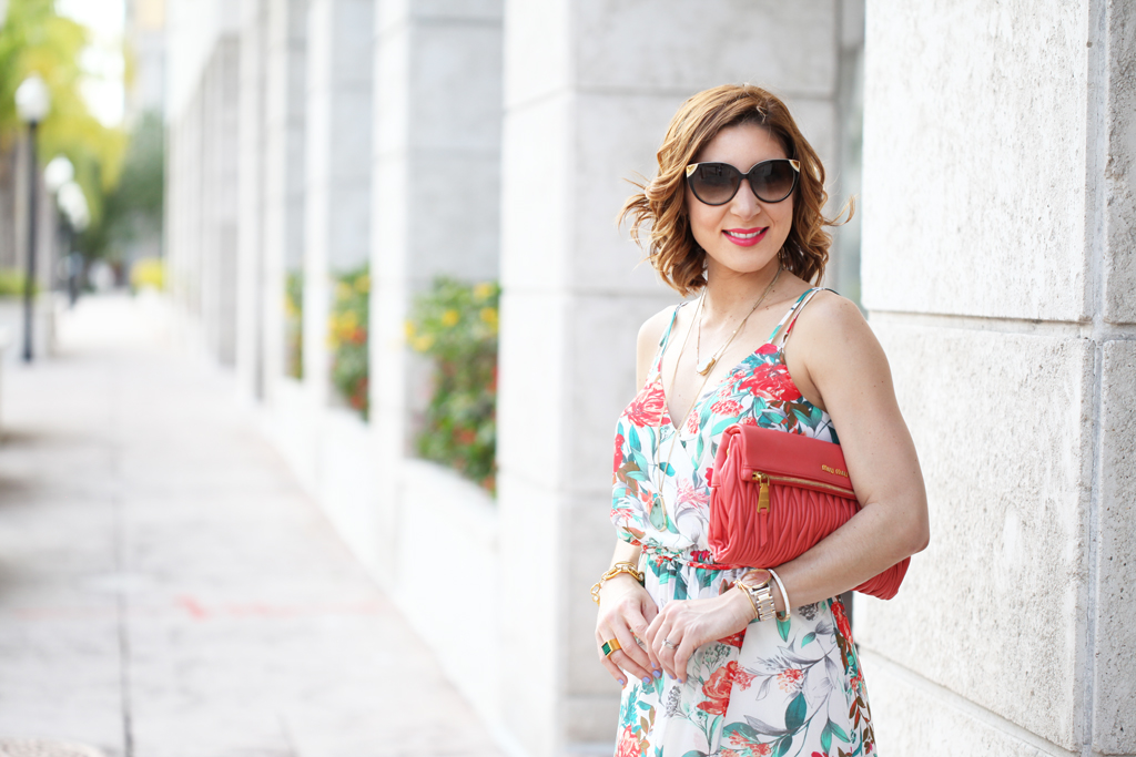 Blame-it-on-Mei-Miami-Fashion-Blogger-2016-Spring-Outfit-Casual-Look-Maxi-Dress-Florals-Coral-Clutch-Louis-Vuitton-Cateye-Sunglasses-Soft-Waves-Short-Hair