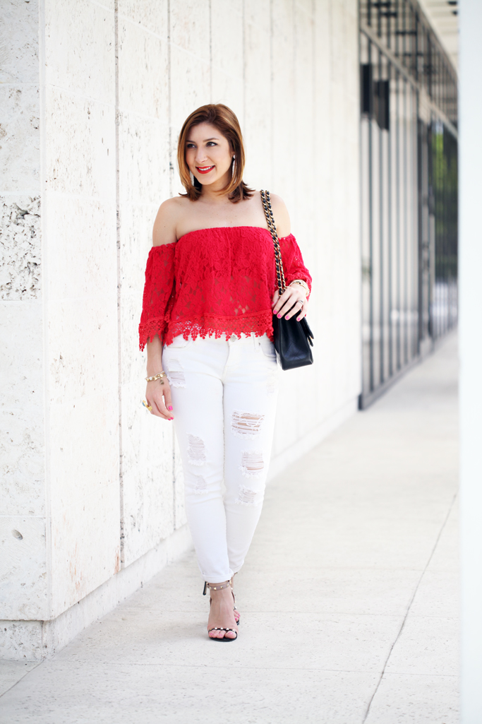 Blame-it-on-Mei-Miami-Fashion-Blogger-2016-Spring-Look-Summer-Outfit-Red-Crochet-Lace-Off-The-Shoulder-Valentino-Rockstud-Sandals-Chanel-Classic-White-Jeans-Tassel-Earrings