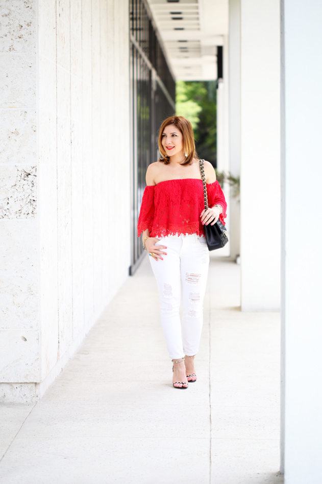 Blame-it-on-Mei-Miami-Fashion-Blogger-2016-Spring-Look-Summer-Outfit-Red-Crochet-Lace-Off-The-Shoulder-Valentino-Rockstud-Sandals-Chanel-Classic-White-Jeans-Tassel-Earrings