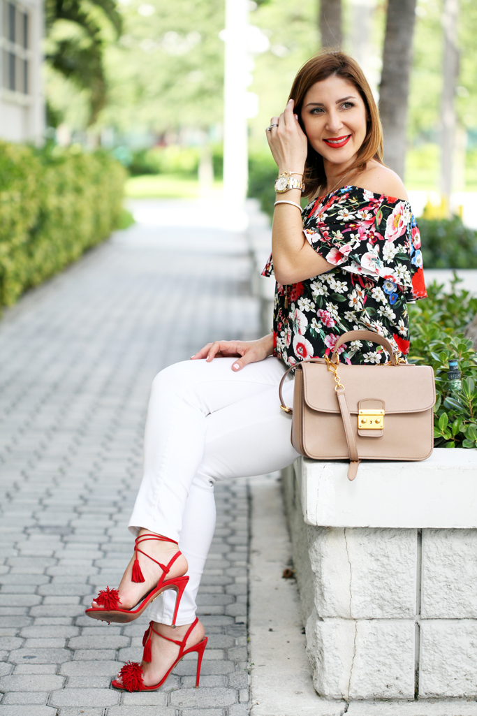 Blame-it-on-Mei-Miami-Fashion-Blogger-2016-Summer-Outfit-Floral-Off-The-Shoulder-Top-White-Denim-Jeans-Aquazzura-Wild-Thing-Tassel-Sandals-Red-Blush-Miu-Miu-Handbag