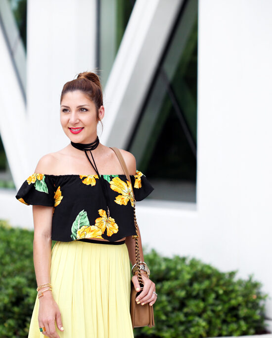 Blame-it-on-Mei-Miami-Fashion-Blogger-Swim-Week-2016-Summer-Look-Chiffon-Yellow-Midi-Skirt-Choker-With-Floral-Off-The-Shoulder-Strap-Heel-Sandals-Chanel-Boy