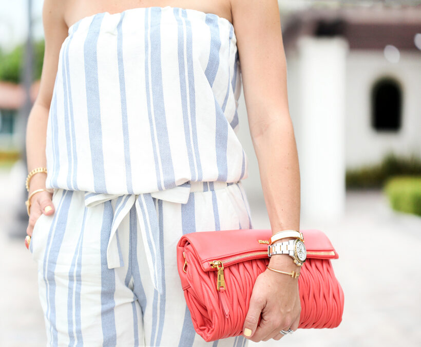 Blame-it-on-Mei-Miami-Fashion-Blogger-2016-Strapless-Stripe-Jumpsuit-Summer-Look-Casual-Outfit-Soft-Waves-on-Short-Hair-Tassel-Wedges-Miu-Miu-Envelope-Clutch-Geranium-Earrings