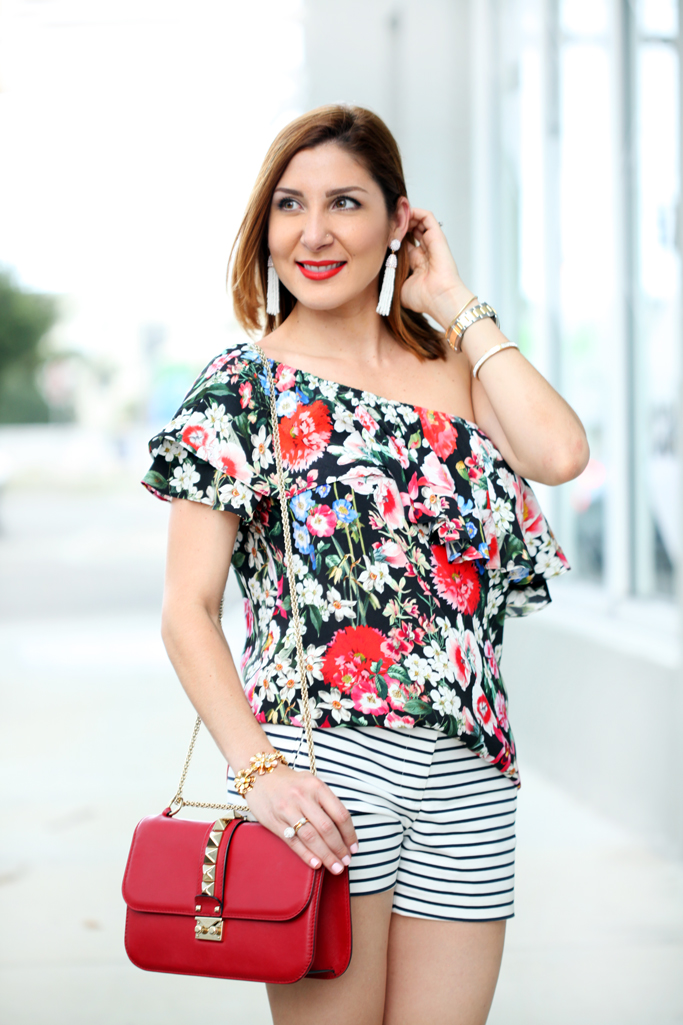 Blame-it-on-Mei-Miami-Fashion-Blogger-2016-Floral-One-Shoulder-Top-with-Striped-Shorts-Casual-Outfit-Summer-Look-Baublebar-Pinata-Tassels-Valentino-Rockstuds-sandals-crossbody