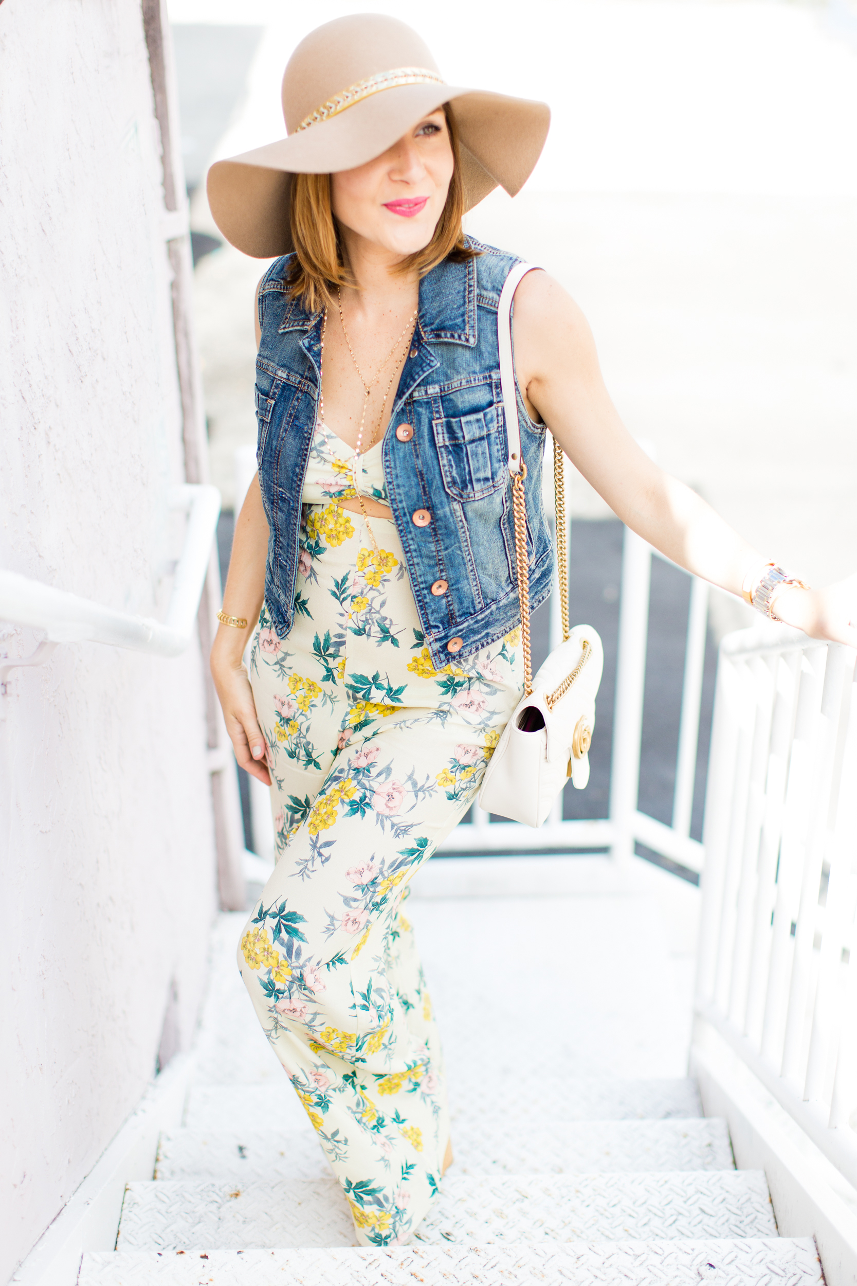 Blame-it-on-Mei-Miami-Fashion-Blogger-2016-Floral-Jumpsuit-Sleeveless-Denim-Vest-Floppy-Hat-Festival-Inspo-Summer-Look-Casual-Look-Gucci-Soho-Summer-Outft-Casual-Look-Gucci-Marmont-Matelasse