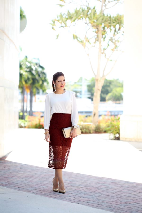 Blame-it-on-Mei-Miami-Fashion-Blogger-2016-Lace-Burgundy-Pencil-Skirt-Wedding-Guest-Look-Special-Occasion-Outfit-Gold-Animal-Print-Louboutin-Heels-Vuitton-LV-Gold-Clutch-