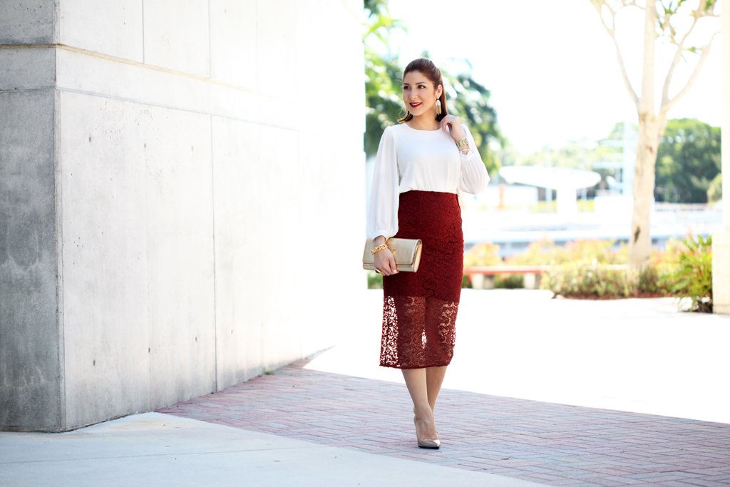 Blame-it-on-Mei-Miami-Fashion-Blogger-2016-Lace-Burgundy-Pencil-Skirt-Wedding-Guest-Look-Special-Occasion-Outfit-Gold-Animal-Print-Louboutin-Heels-Vuitton-LV-Gold-Clutch