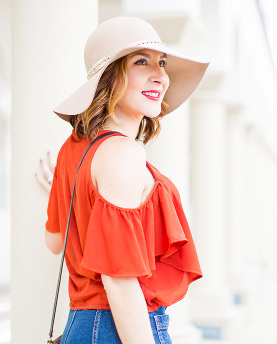 -Blame-it-on-Mei-Miami-Fashion-Blogger-2016-Cold-Shoulder-Top-Denim-Skirt-Floppy-Hat-Transition-To-Fall-Look-Casual-Outfit-LV-Favorite-PM-Valentino-City-Sandal-Metallic