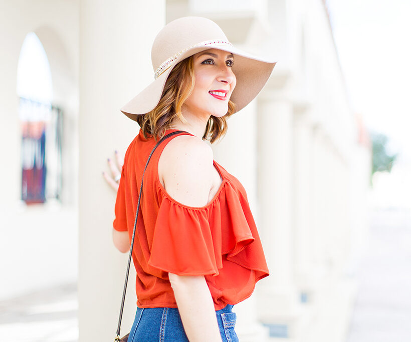 -Blame-it-on-Mei-Miami-Fashion-Blogger-2016-Cold-Shoulder-Top-Denim-Skirt-Floppy-Hat-Transition-To-Fall-Look-Casual-Outfit-LV-Favorite-PM-Valentino-City-Sandal-Metallic