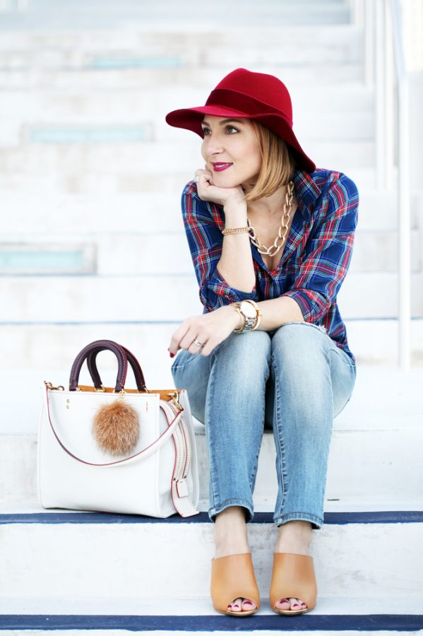 Blame-it-on-Mei-Miami-Fashion-Blogger-2016-Plaid-Long-Sleeve-Distressed-Denim-Jeans-Mules-Coach-Rogue-Red-Hat-Casual-Fall-Oufit-Autumn-Look