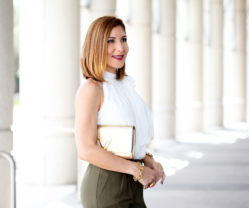 Blame-it-on-Mei-Miami-Fashion-Blogger-2016-Olive-Green-Trousers-White-Blouse-with-Bow-Gold-LV-Clutch-Leopard-Sandals-Valentino-Rockstud