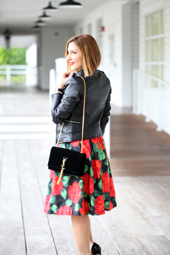 Blame-it-on-Mei-Miami-Fashion-Blogger-2016-Holiday-Look-Floral-Skirt-with-Black-Moto-Jacket-Lace-Top-Louboutin-Black-Iriza-DOrsay-Patent-YSL-Tassel-Xmas-Outfit