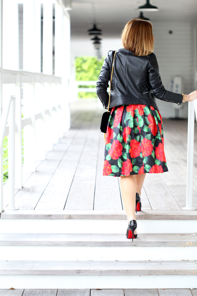 Blame-it-on-Mei-Miami-Fashion-Blogger-2016-Holiday-Look-Floral-Skirt-with-Black-Moto-Jacket-Lace-Top-Louboutin-Black-Iriza-DOrsay-Patent-YSL-Tassel-Xmas-Outfit