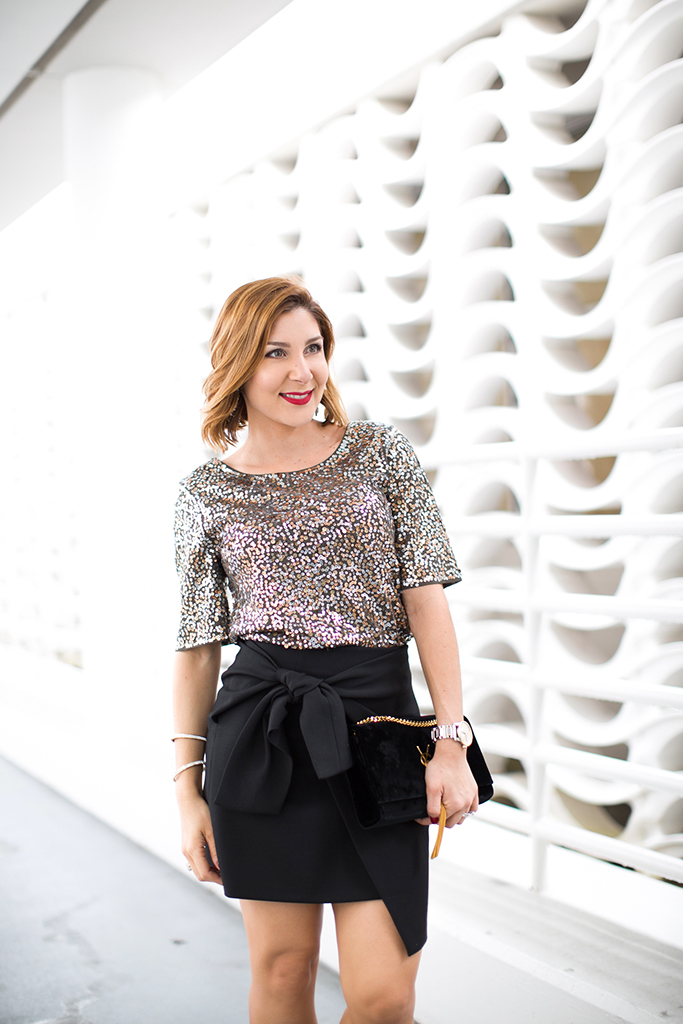 -Blame-it-on-Mei-Miami-Fashion-Blogger-2016-Holiday-Outfit-NYE-Look-Sequin-Blouse-Knot-Skirt-Patent-Iriza-Louboutin-YSL-Tassel-Suede-Handbag-Crystal-Drop-Earrings-Curls-on-Short-Hair-