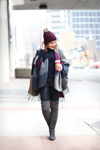 Blame-it-on-Mei-Miami-Fashion-Travel-Blogger-2016-Winter-Fall-Look-How-To-Wear-Poncho-Pom-Beanie-Gray-Over-The-Knee-Boots-with-Jeans-Geometric-Cape-Minneapolis