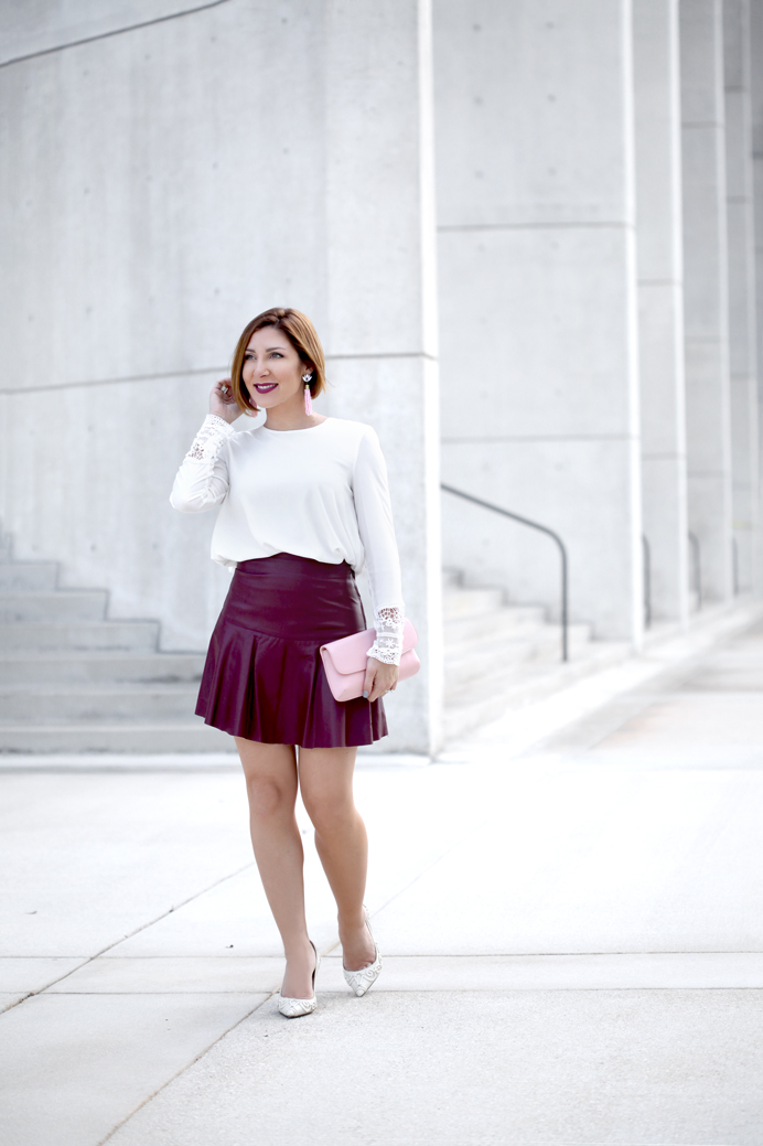 Blame-it-on-Mei-Miami-Fashion-Blogger-2017-Valentines-Day-Look-Date-Night-Outfit-White-Blouse-with-Burgundy-Maroon-Short-Skater-Skirts-Pink-Diana-Tory-Burch-Clutch-Tassel-Earrings