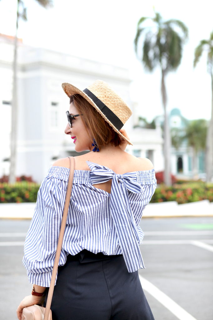 Blame-it-on-Mei-Miami-Fashion-Blogger-Travel-Blog-2017-Casual-Spring-Summer-Look-Casual-Outfit-Bow-Off-The-Shoulder-Top-with-Black-Shorts-Boater-Hat-Lace-up-Sandals-Gucci-Soho-Puerto-Rico