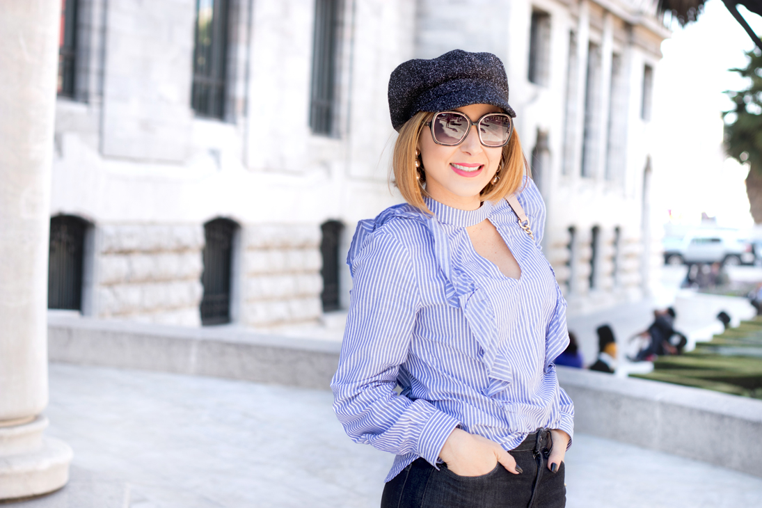 Blame it on Mei, @blameitonmei, Miami Fashion Blogger, Fall Travel Look Stripe Ruffle Top, Newsboy Hat